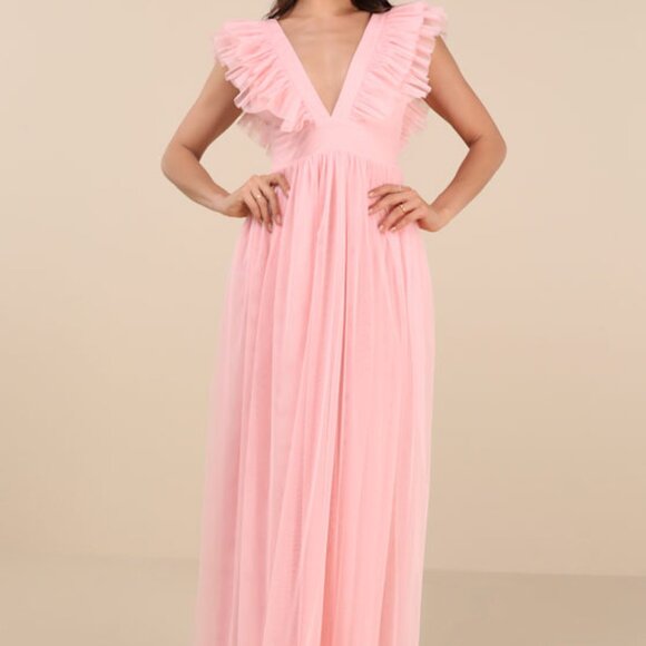 Lulus Simply Delighted Pink Mesh Ruffled Backless Maxi Dress - Size M - Picture 1 of 1